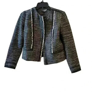 Vince Black Off White Zip Up Tweed Jacket/Blazer with leather trim Size 2.